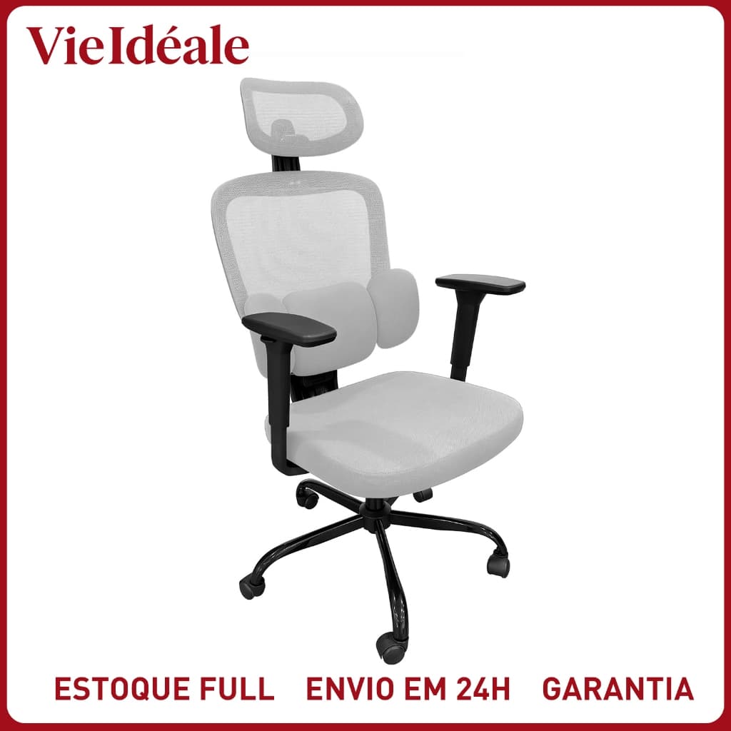 Cadeira de Escritório Ergonômica Vie idéale Gamer Mesh NR17 Apoio Lombar 3D Reclinável Confortável Cinza