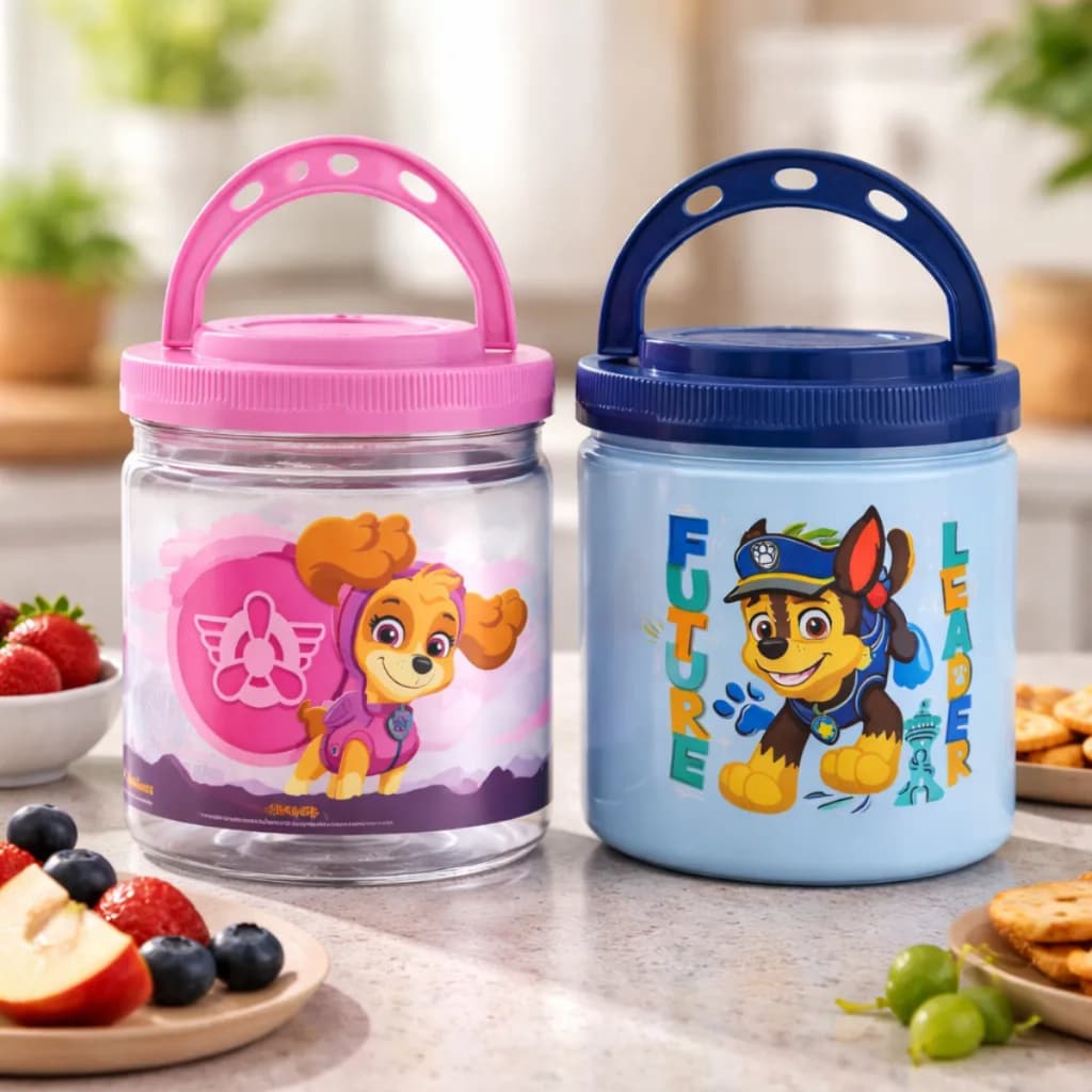 Kit 2 Pote Plástico Infantil 1L Pote Patrulha Canina Com Alça Porta Mantimentos Bolachas Biscoitos