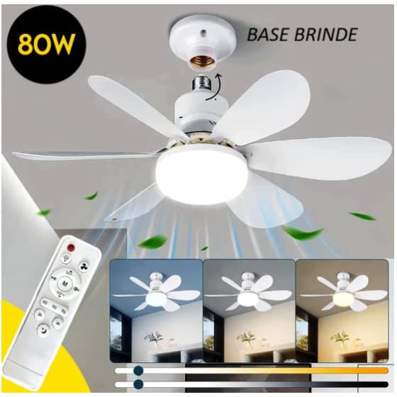 Ventilador de Teto 80W Lâmpada 3 Cores E27 Silencioso Bivolt 2 em 1 Controle Remoto PREMIUM Branco