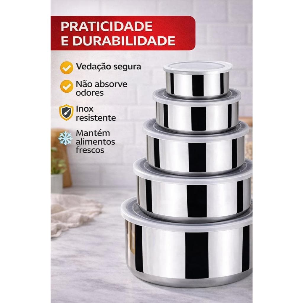 POTES HERMÉTICOS 5 UNIDADES INOX ARMAZENAGEM ALIMENTO FRESCO ORGANIZAÇÃO  COZINHA MARMITA