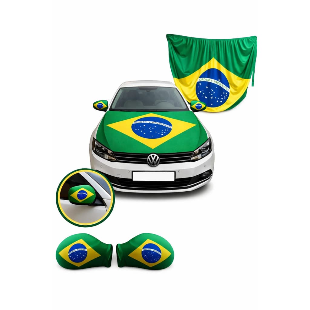 Kit Copa Torcida Jogo Bandeira do Brasil para Carro Capa de Retrovisor + Capa para Capô Verde e Amarelo