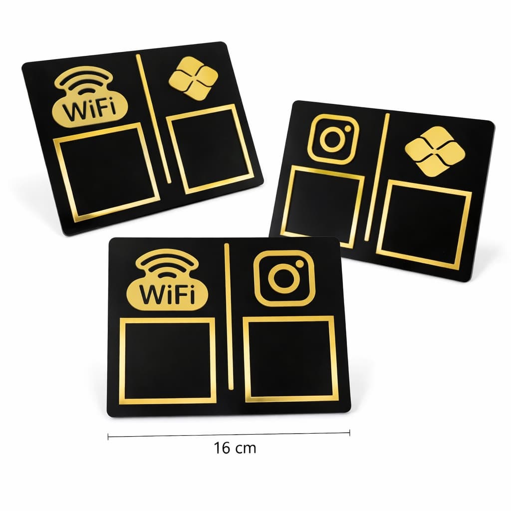 Placa QR Code Acrílico WiFi Pix Instagram | 2 QR Codes Parede | Preto com Dourado 16x13cm