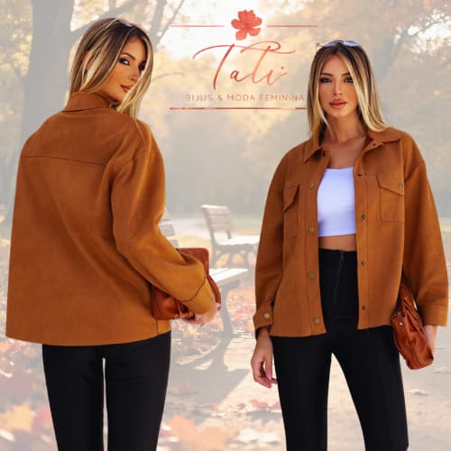 Camisa Suede Feminina Longa com Bolsos e Botões Manga Longa Estilosa Roupas F mininas