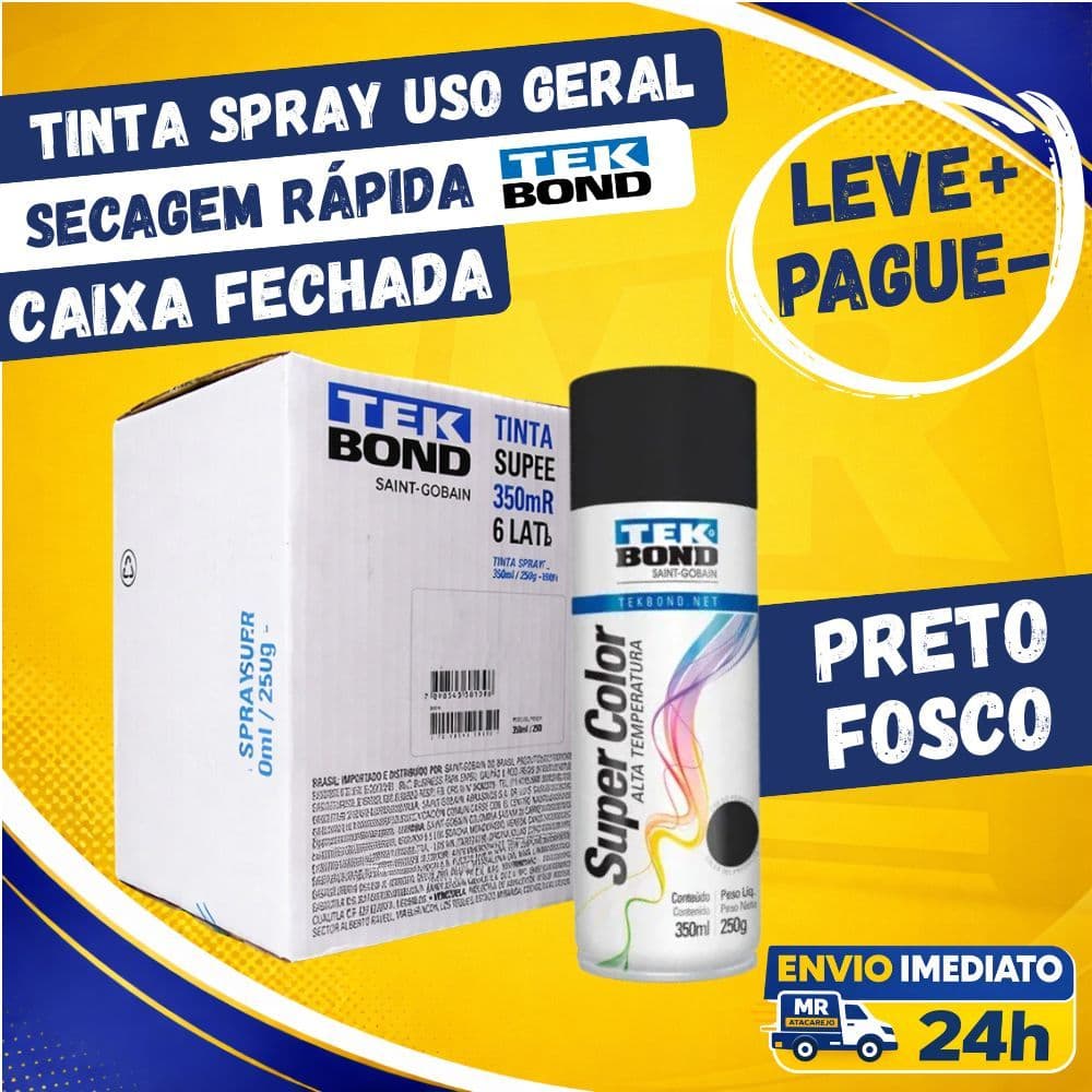 Kit 6 Tinta Spray Uso Geral Tinta Spray Preto Fosco 350ml Madeira Metal Plástico Seca Rápido