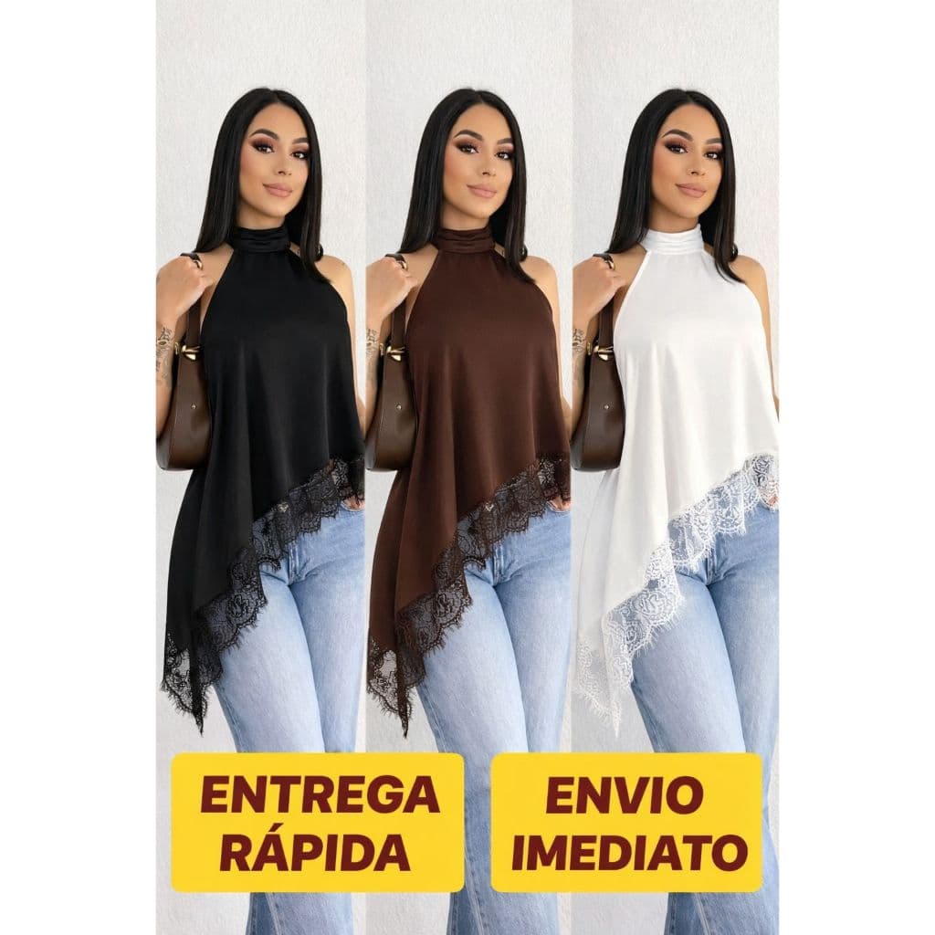 BLUSA  FEMININO ASISMETRICA GOLA ALTA COM DETALHE DE RENDA NAS PONTAS