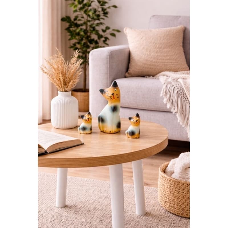 kit Trio de Gatos Miniatura Com 3 em Cerâmica Enfeite Decorativo Decoração
