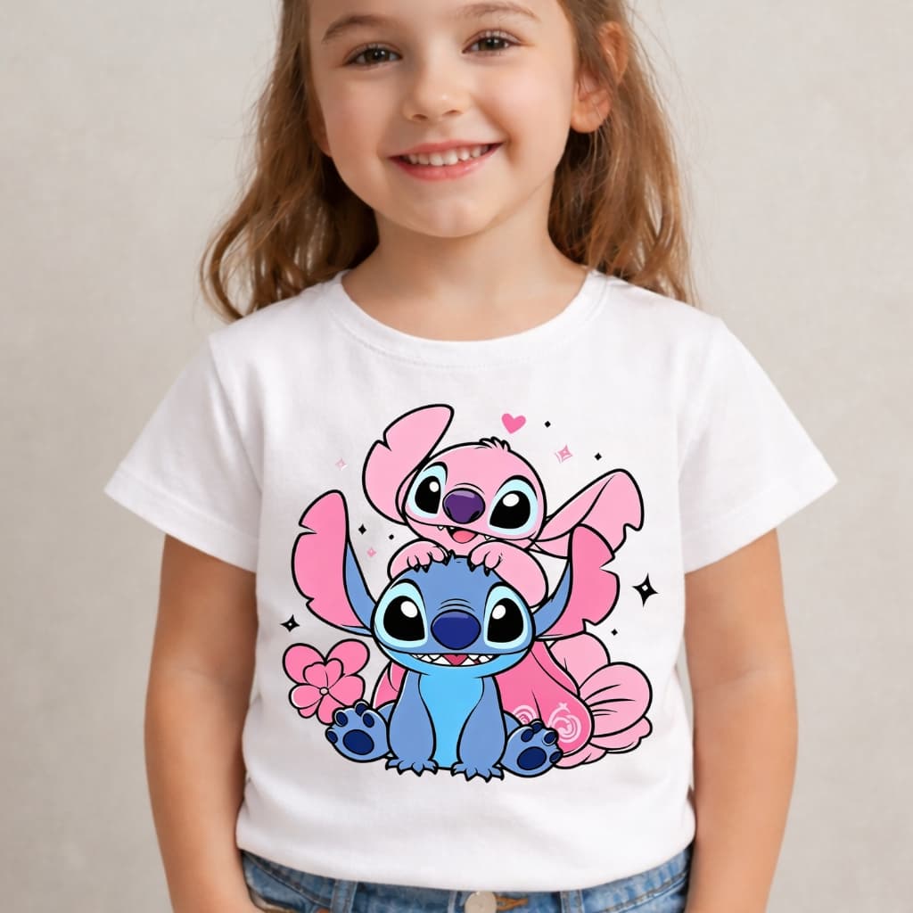 Camiseta Infantil Menina Stitch e Angel Amor Love Coração Fofos Blusa em Algodão Premium Juvenil