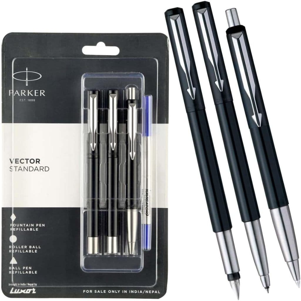 Kit 3 Unidades Caneta Parker Vector Roller Ball + Ball Pen + Tinteiro Combo Original