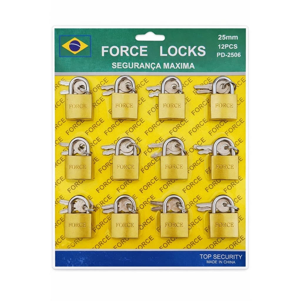 Cadeado 25mm Force Locks - Cartela com 12 Unidades I Atacado I Revenda