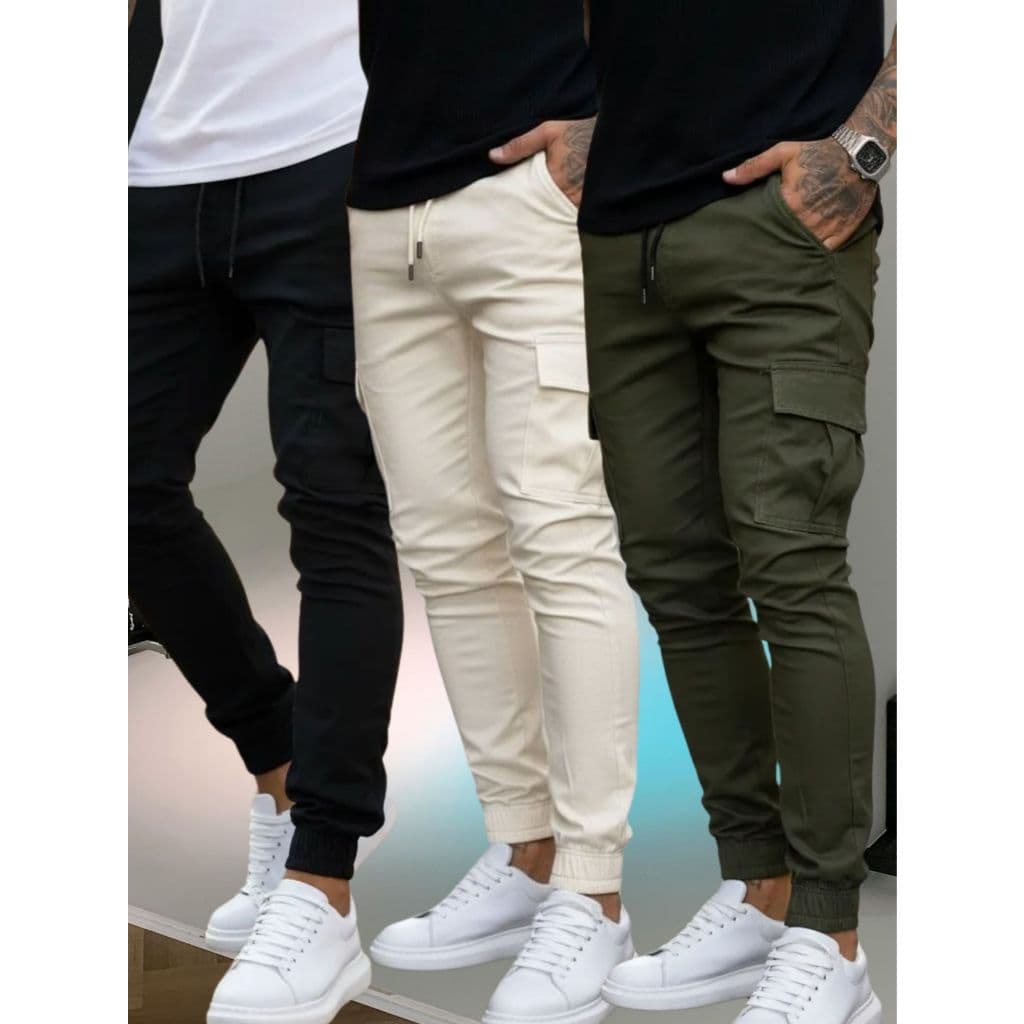 Kit 3 Calça Jogger Cargo Sarja Algodão Tendencia Street Elástico Cintura Moda Descolada