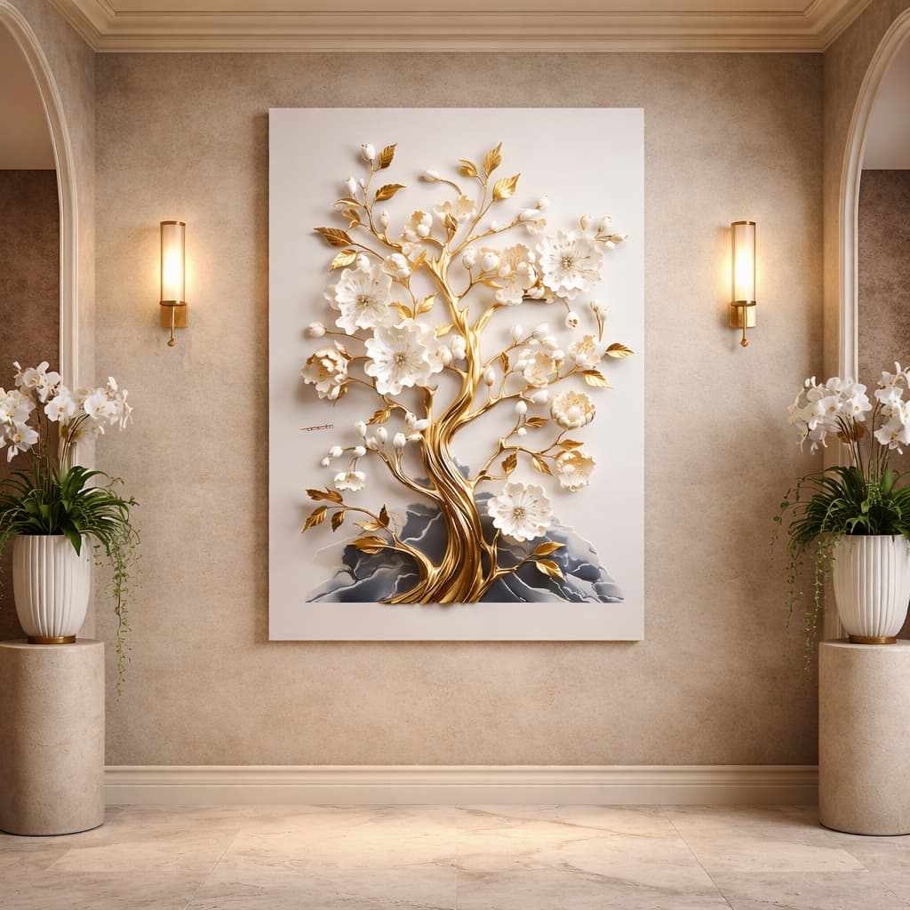 Quadro Decorativo Floral Arte Dourada e Flores Brancas Esculpida Arte Sofisticada Vertical Moderna