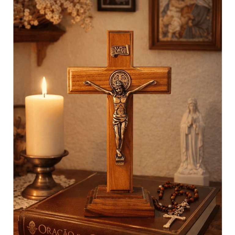 Crucifixo de Mesa e Parede Porta Madeira Maciça Cristo em Bronze Cruz Base Removível