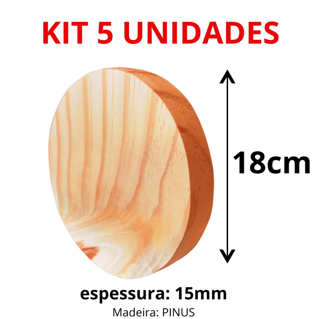 Kit 5 Unidades Placa Base Redonda Bolacha Circulo Madeira Pinus 18 cm diametro