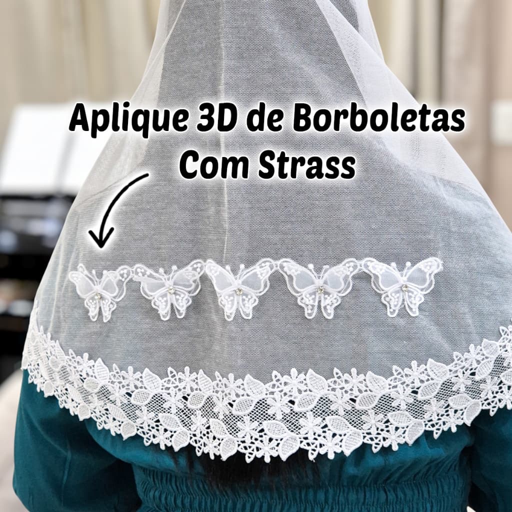 Véu Ccb Congregação Cristã Aplique Borboleta 3D e Pedras Strass (mod. Jordana)