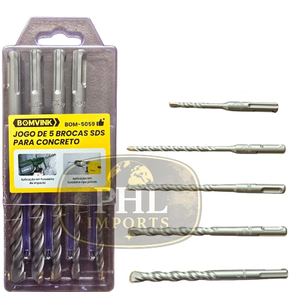 Kit Brocas Sds Plus P/concreto 5 Peças 6 A 12mm X 160mm + Estojo Resistente