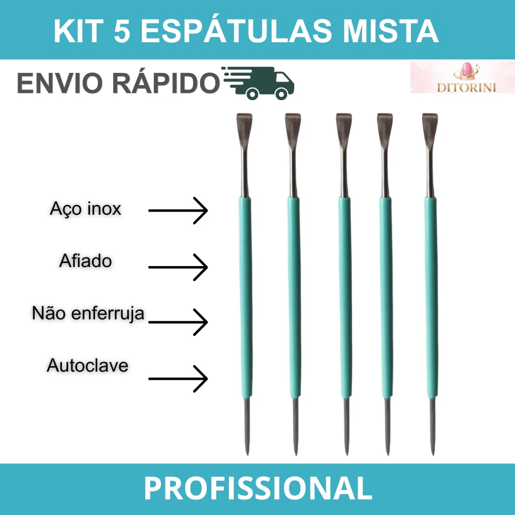 Kit 5 Espátulas Inox com Silicone VERDE 5 Unidades Bastão Inox VERDE Com Silicone Cutelaria Manicure
