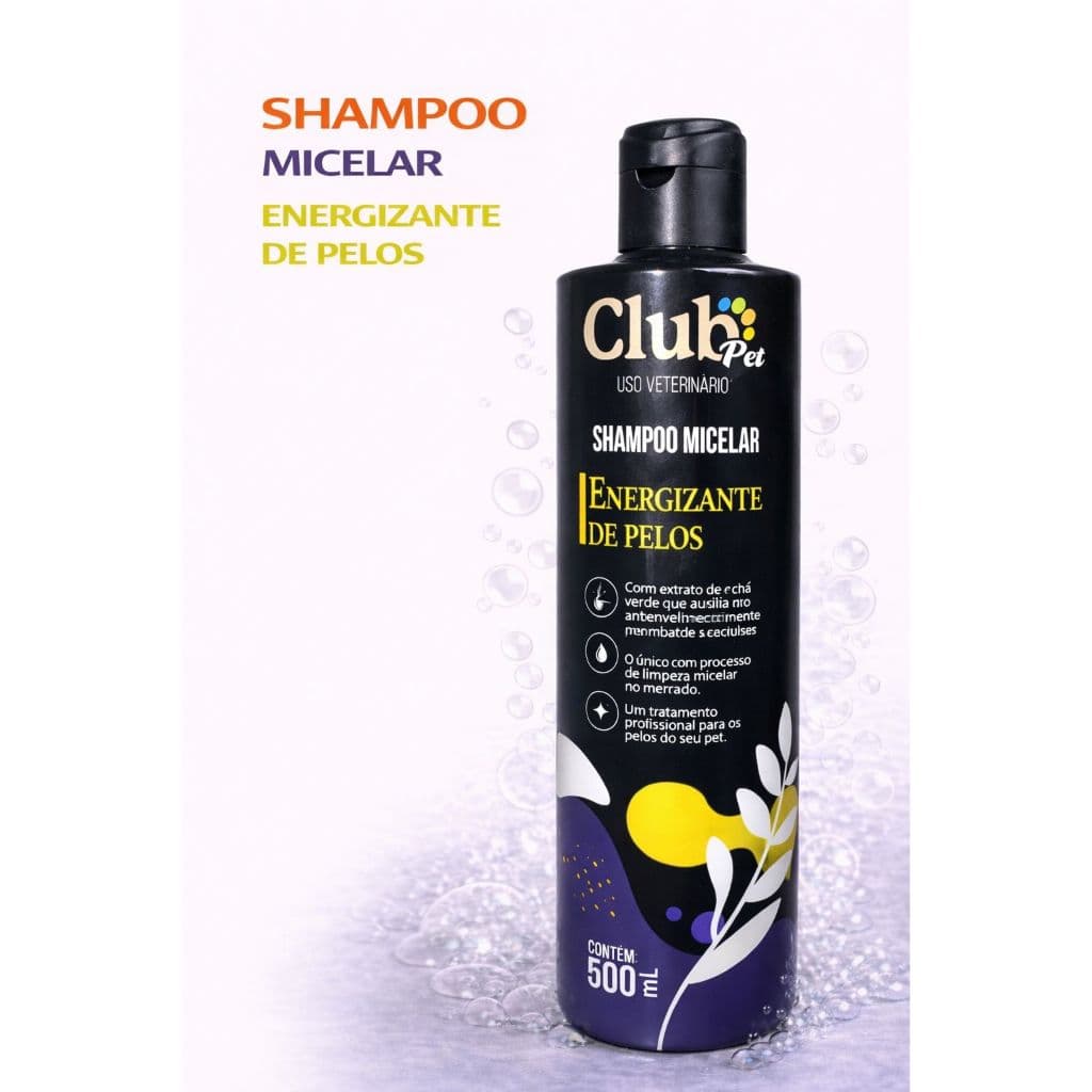 Shampoo Micelar Energizante Pet Cães e Gatos Limpeza Profunda e Brilho 500ml Club Pet