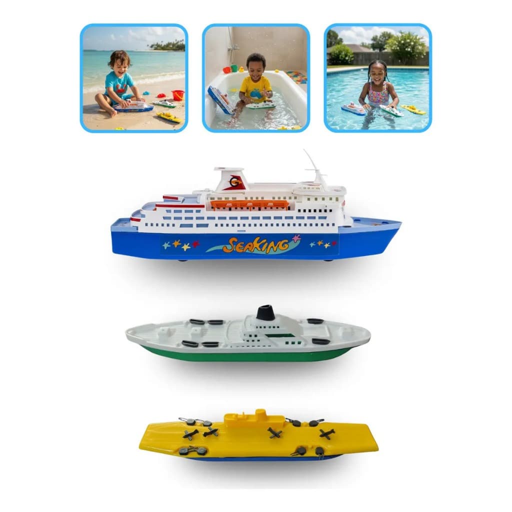 Kit Navio Cruzeiro Transatlântico + 02 Barcos Frota Naval 3 Em 1 Barquinhos Brinquedo Infantil Banho Piscina Praia