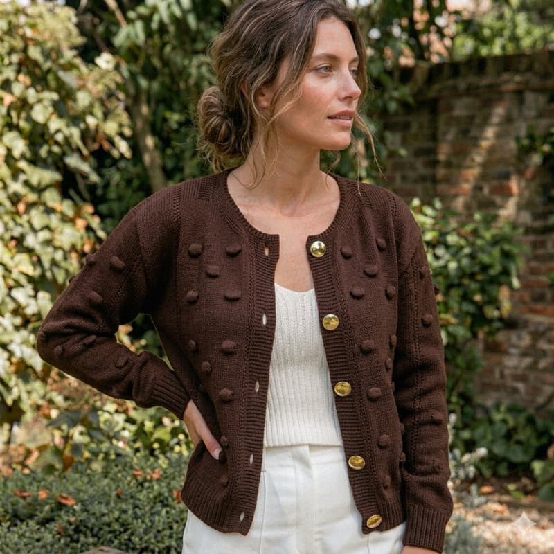 Casaco Tricô Cardigã Feminino com Botões Dourados e Detalhes em Bolinhas Estilo Moderno e Confortável Cardigan
