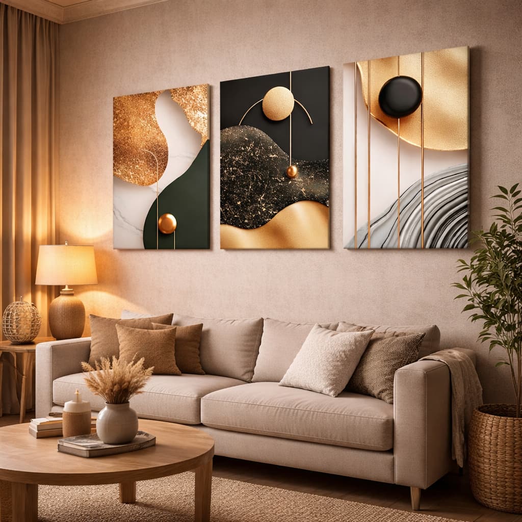 Quadro Decorativo Arte Abstrata em Tons Metálicos e Neutros Design Geométrico Abstrato Moderno Clean