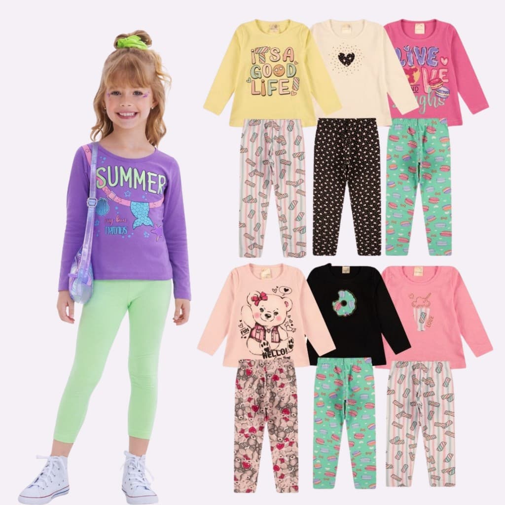 Kit 5 Conjuntos Infantis Femininos Meia Estação Manga Longa + Legging 10 Peças Algodão