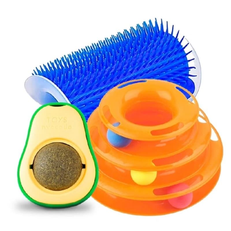 Kit Com 3 brinquedos Interativos Para Gato 1 Torre de Bolinhas 1 Abacate  Catnip 1 Escova com Coçador e Massageadora