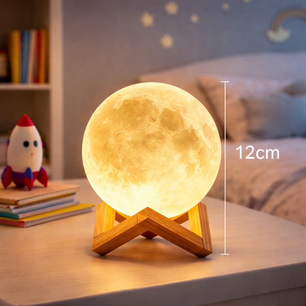Luminária Lua Cheia  LED 12cm Abajur De Mesa Para Quarto Infantil Com Base Luz Noturna Sem fio