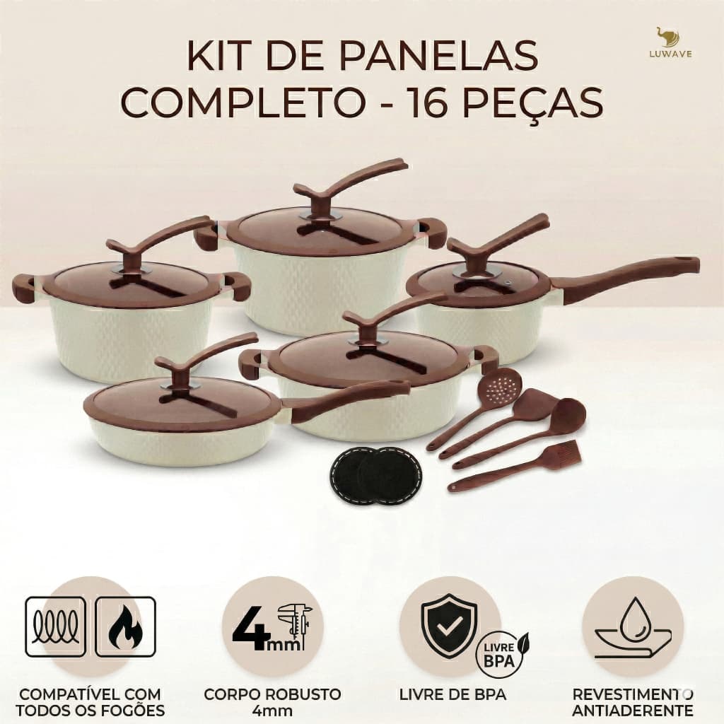 Conjunto Panelas 16 Peças Inox Luwave Com Utensílios De Silicone Gás e Elétrico e fogão de indução