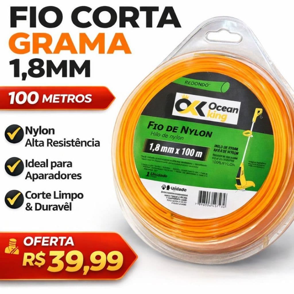 Fio Corta Grama 1.8mm 100m Nylon Redondo Aparador Roçadeira