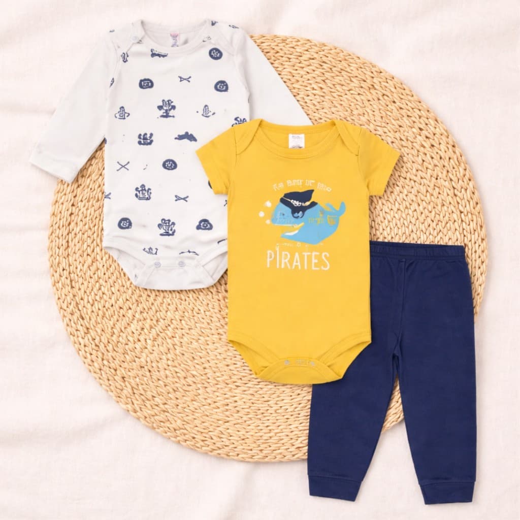 Conjunto Bebê 3 Peças Body Manga Curta Manga Longa e Calça Algodão P M G GG