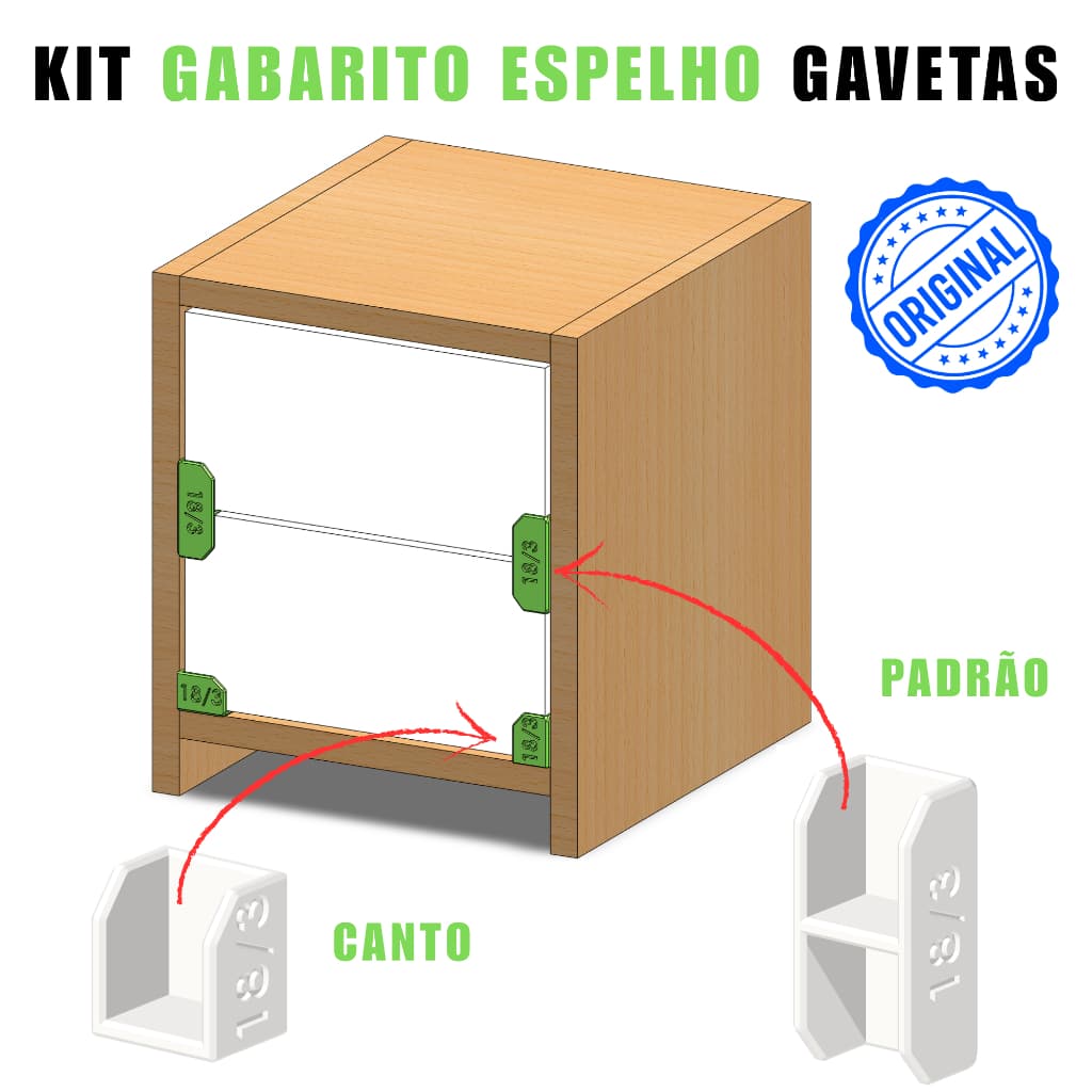 Gabarito Instalação Frente espelho Gaveta MDF 18mm + gabarito canto espelho