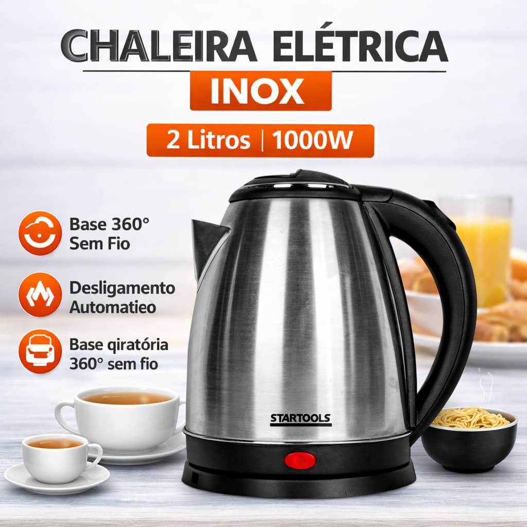 Chaleira Jarra Elétrica Inox Base 360 Desligamento Automático Ferve Água Bebidas Quentes Resistente