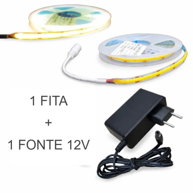 Fita LED COB 5m Completa Para Móveis | Kit com Fonte 12V