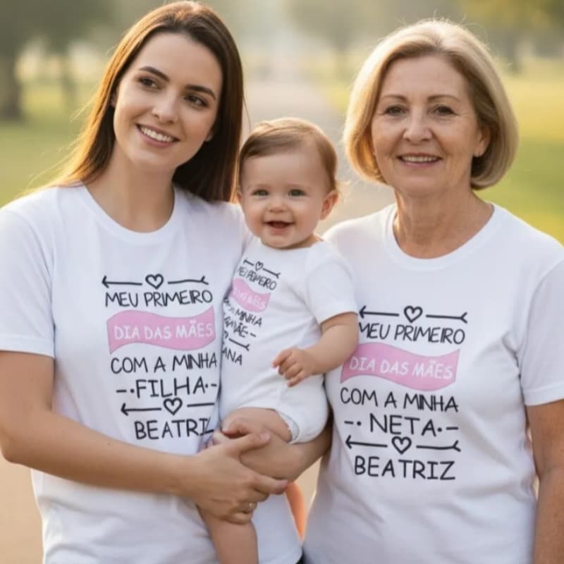 Kit 2 Camisetas + Body de Bebê Meu Primeiro Dia Das Mães Mãe e Filha e Vovó Personalizados Com o Nome