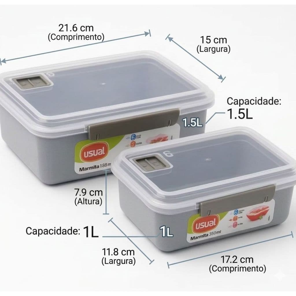 Kit Marmitas Herméticas 1L e 1.5L Pote Lancheira C/ Divisória Microondas Trabalho Escola Custo Benefício
