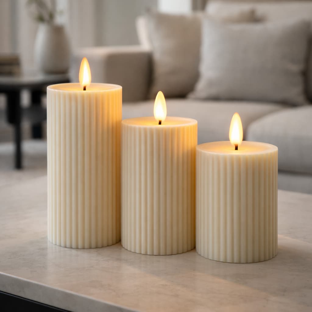 Kit 3 Velas de LED Caneladas Brancas Chama Realista Eletrônica Decorativa Off-White Premium Baterias Inclusas