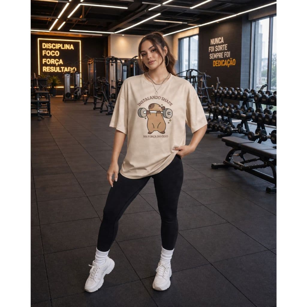 Camisetas Oversized Bege Estampada Capivara Feminina Academia Material 100% Algodão P ao G