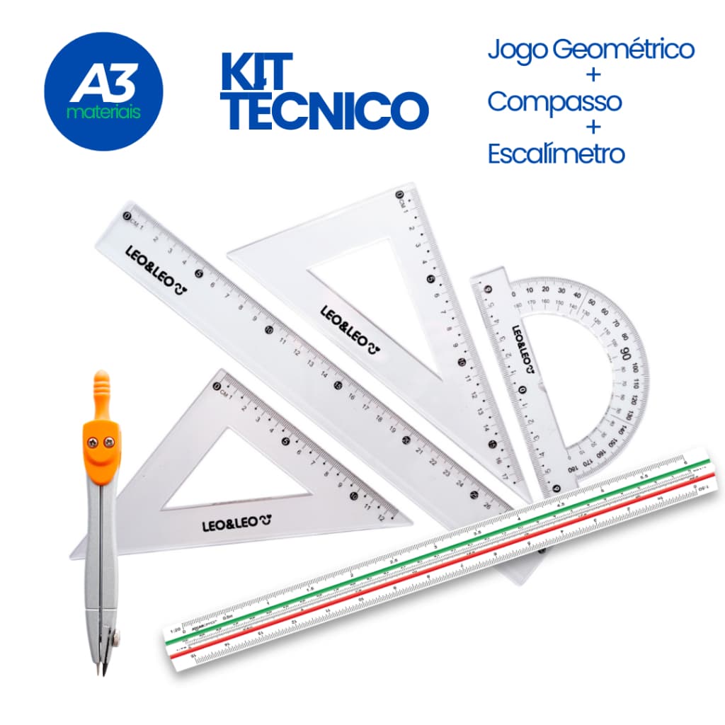 Kit Técnico C/ 6 Itens - 1 Régua + 2 Esquadros + 1 Escalímetro 30cm + 1 Transferidor + 1 Compasso