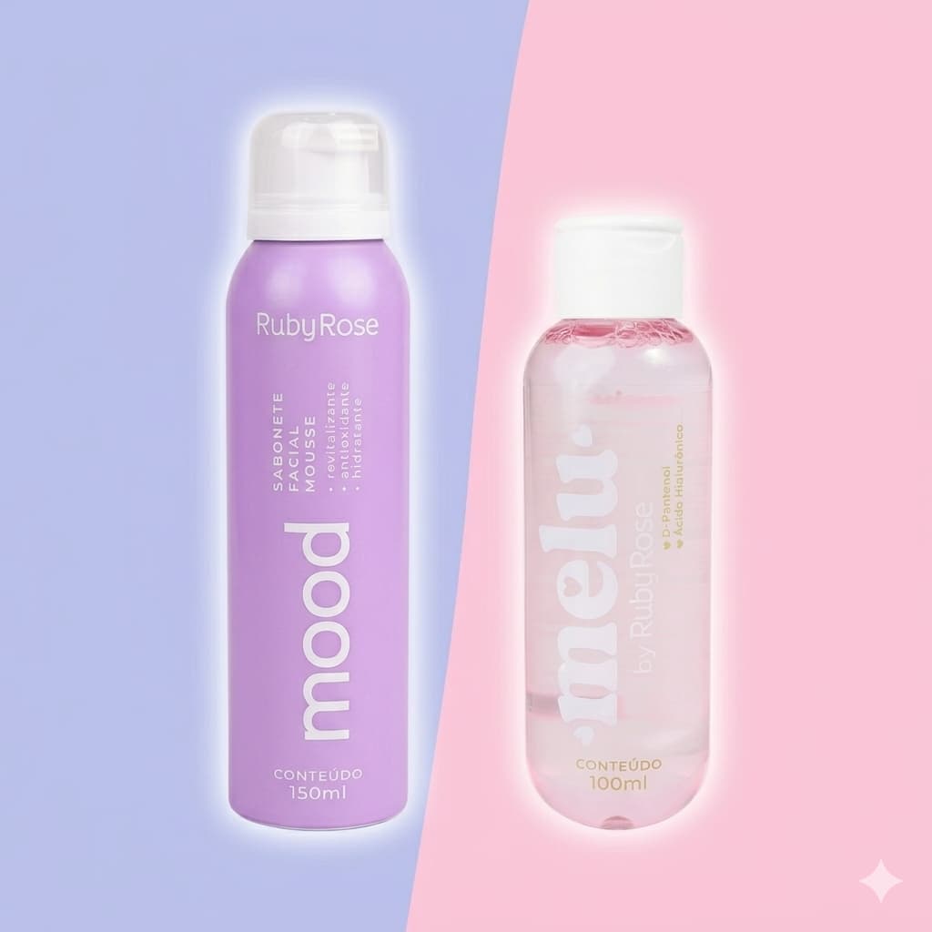 Kit Limpeza Facial Ruby Rose Água Micelar 100ml Sabonete Mousse 150ml Limpeza Profunda e Hidratação Frescor Revitaliza