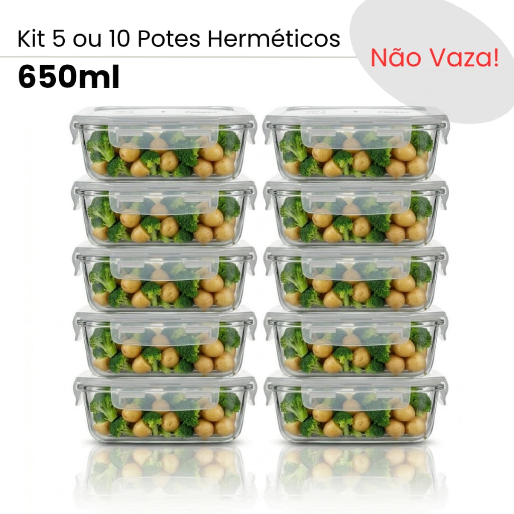 Kit 5 ou 10 Potes de Vidro Hermético Retangular Marmita 650ml com Tampa com Trava e Respiro