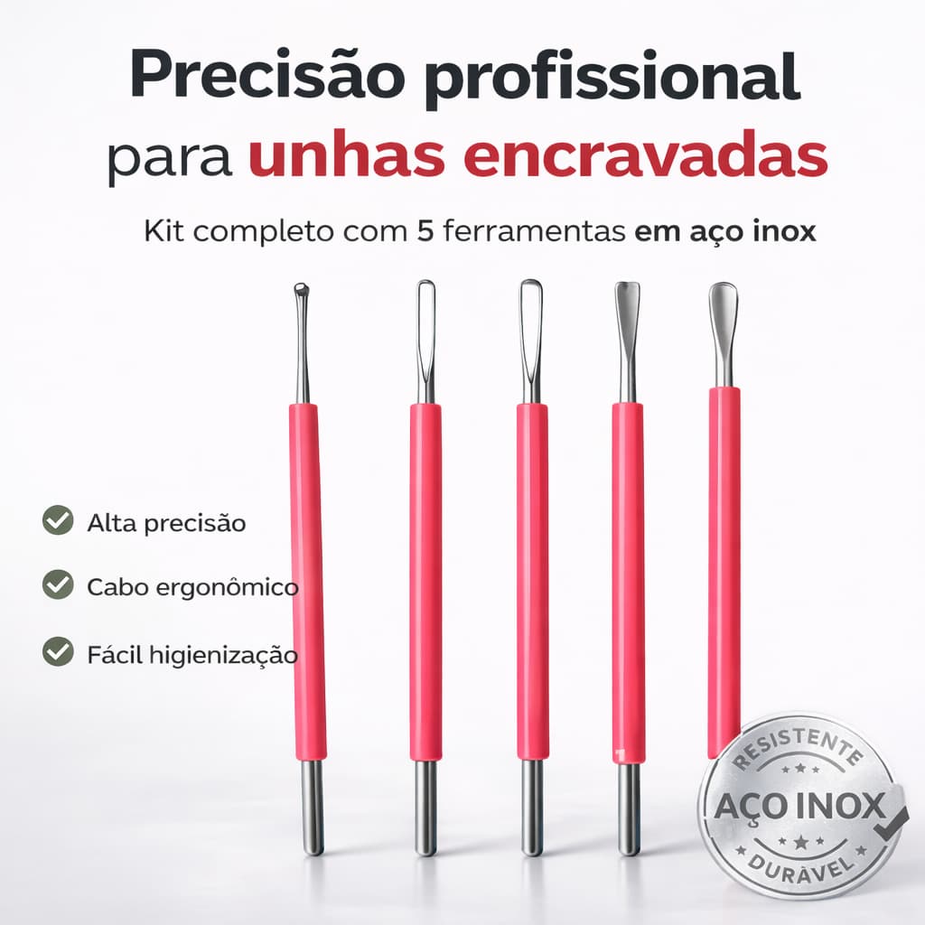 Kit Desencravador de Unha Profissional Inox 5 Peças Podologia Manicure Pedicure Cabo Silicone