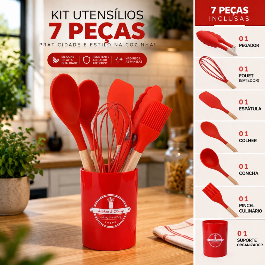 Jogo / Kit 7 Peças de Silicone Premium Vermelho com Cabo de Madeira Cozinha Organizada Utensilios