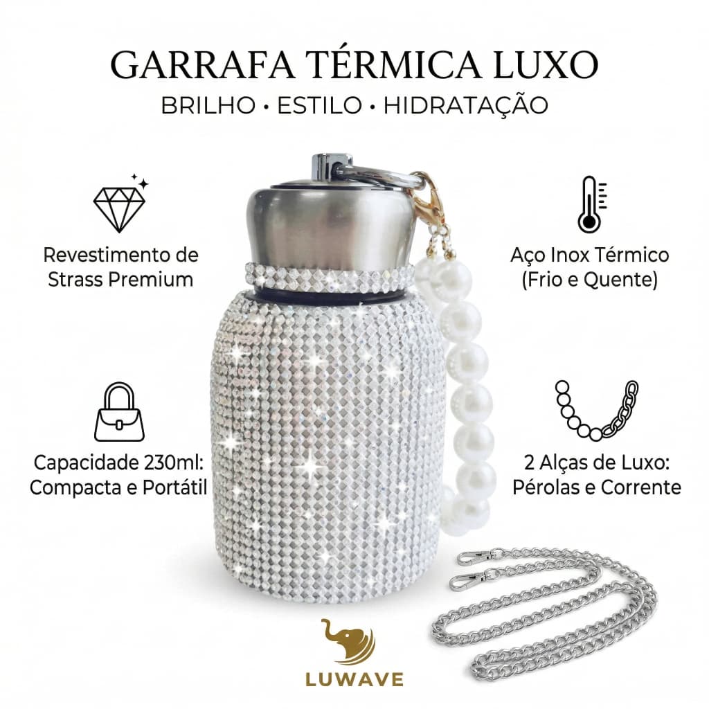 Garrafa Térmica Luxo Strass Brilhante Inox 230ml Luwave