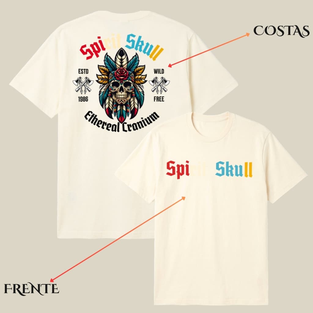 Camiseta Masculina Algodão Spirit Skull Estampada Frente e Costas T-shirt Manga Curta