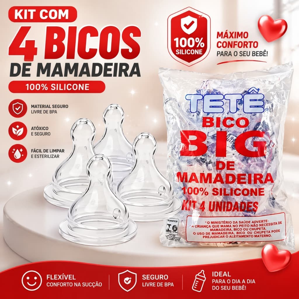 Bico de Mamadeira Big Grande Orto Ortodontico de Silicone 4 Unidades Tetê