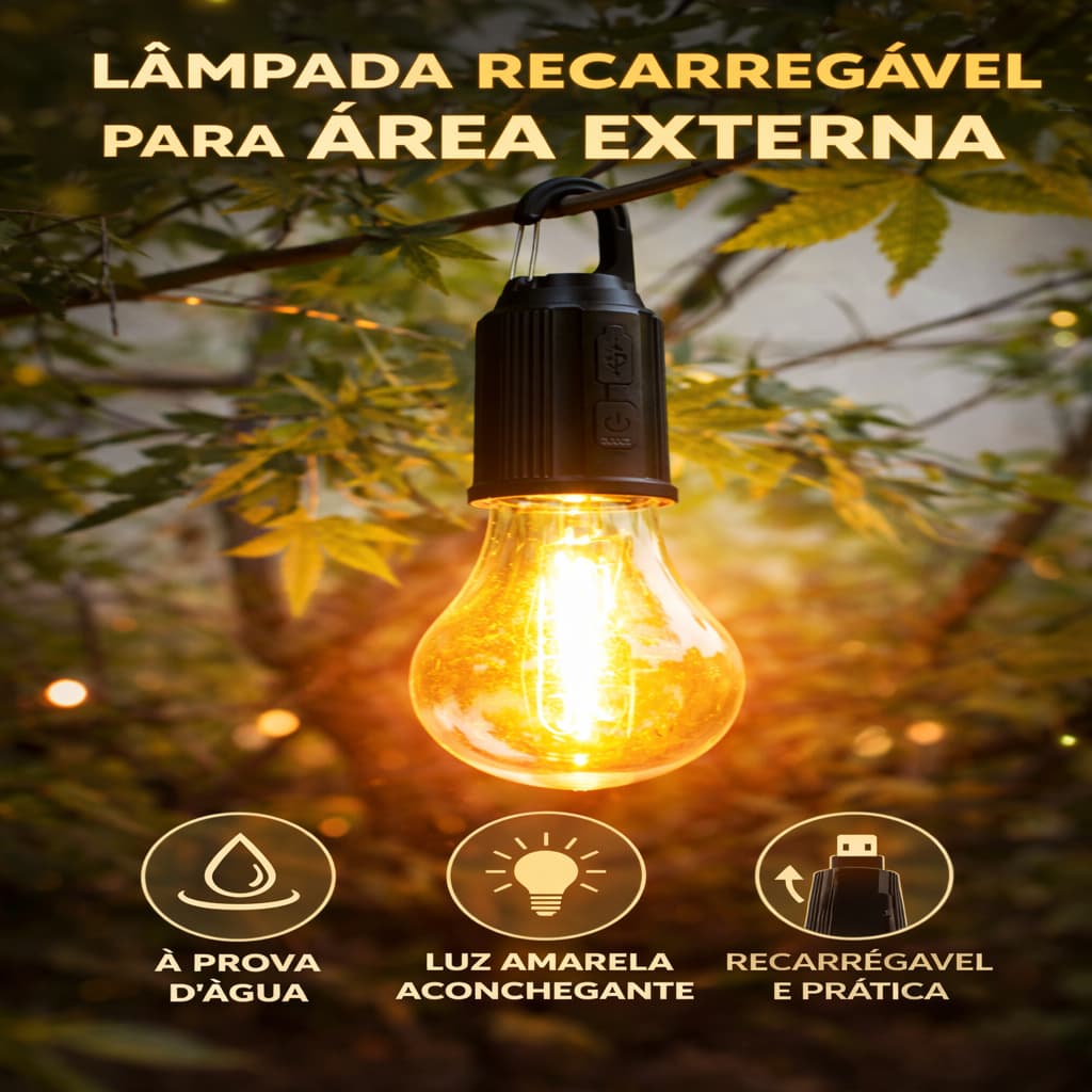 Lâmpada LED Recarregável Portátil à Prova d’Água Luz Amarela Decorativa Área Externa Camping Jardim