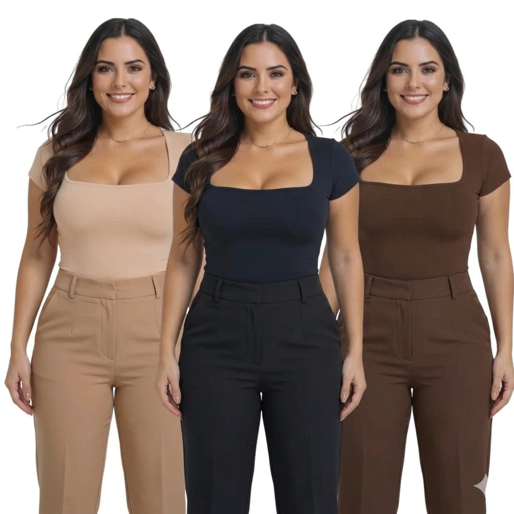 Kit 3 Body Collant Feminino Plus Size Estiloso Decote Quadrado Manga Curta Frio Meia Estação P002