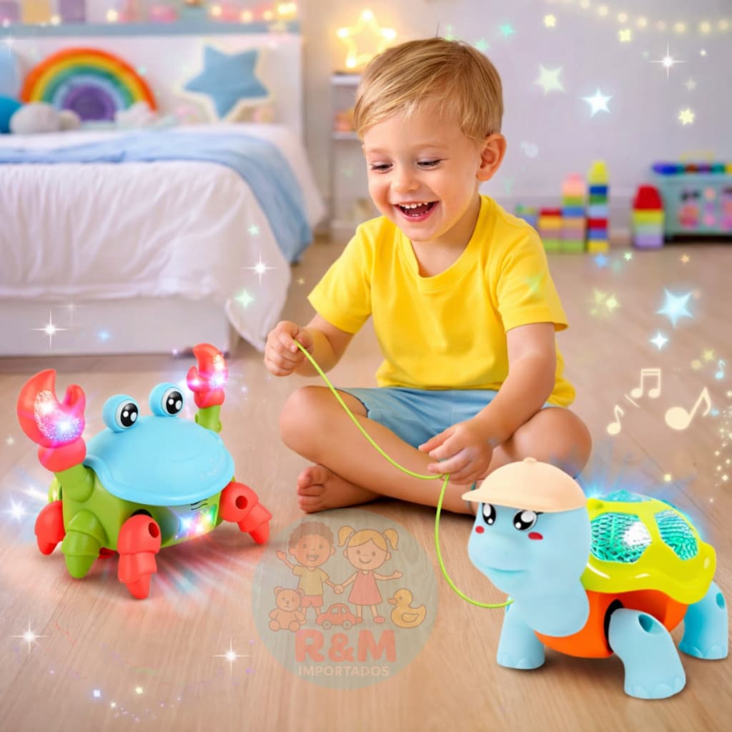 KIT Brinquedo Caranguejo Fujão + Tartaruga Fujão Musical Brinquedo Infantil Interativo Sensorial