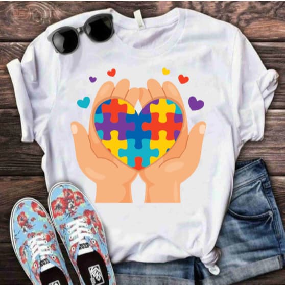 Camiseta Feminina Autismo Estampada Algodão Leve Conforto Casual Moda Dia a Dia Inclusão