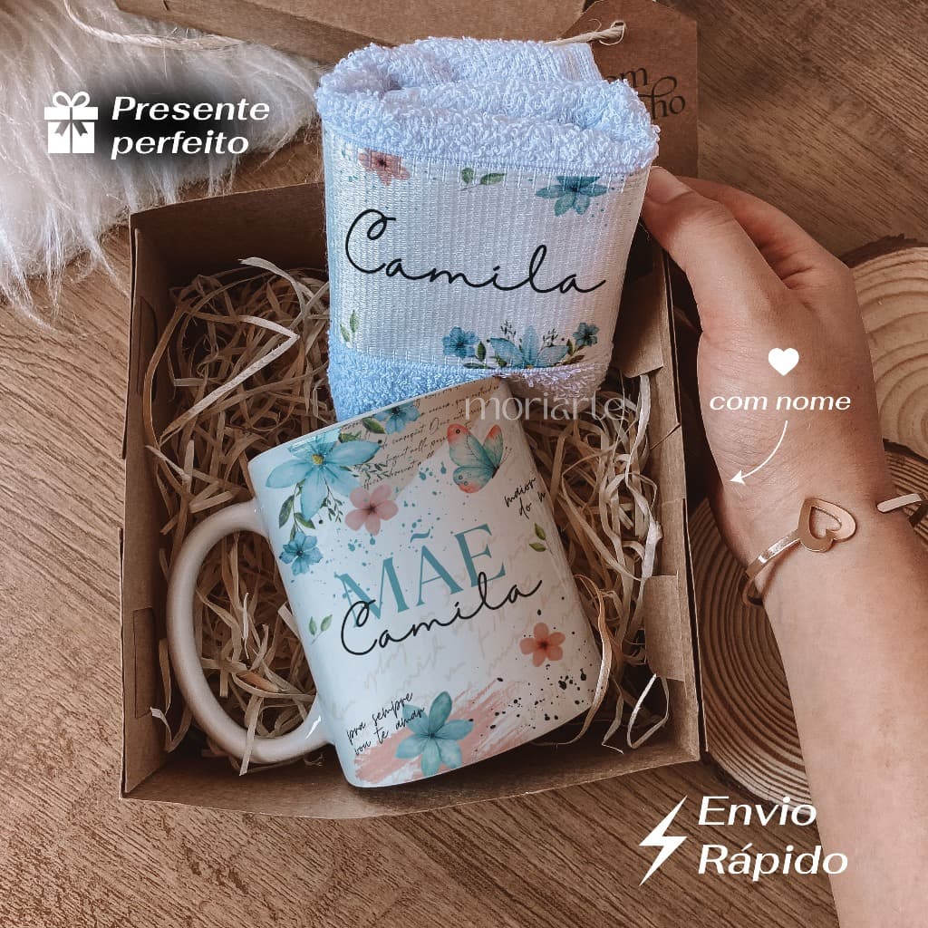 Presente personalizado mãe, kit caneca+toalha de mão, dia das mães, caneca personalizada para mãe